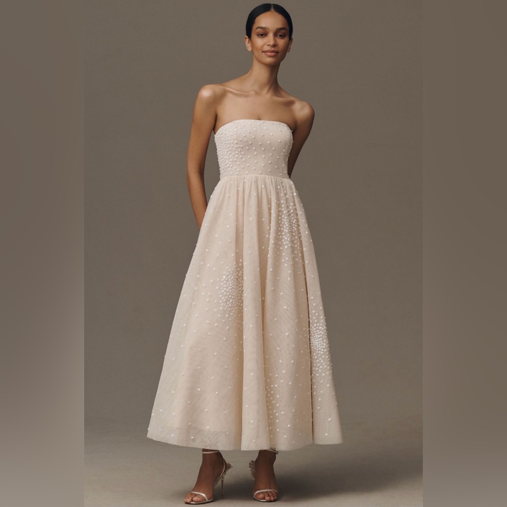 BHLDN Strapless Embellished Ivory Midi Dress